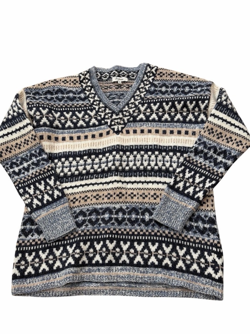 Madewell Women's V-Neck Fair Isle Sweater in Navy, Cream & Tan